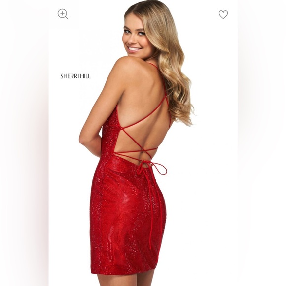 -Sherri Hill- Ruby Red Sparkle Cocktail Dress Style 53536 - Picture 2 of 9